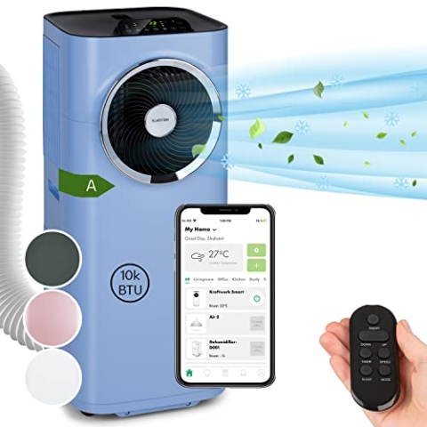 Klarstein Mobile Klimaanlage mit Abluftschlauch, 5-in-1 Klimagerät, Ventilator, Luftentfeuchter, Luftreiniger & Nachtmodus, App-Steuerung, Kleine & Portable Klimaanlage für Wohnung & Büro, 10000 BTU