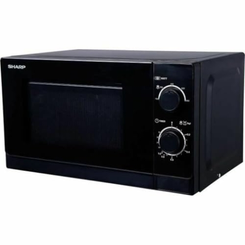 SHARP R200BKW Solo-Mikrowelle, 800 W, 5 Leistungsstufen, Timer von 35 Minuten bis 00 Sekunden, gewichtgesteuertes Auftauen, Energiesparmodus, Schwarz, 20 l, Glasdrehteller 25,5 cm