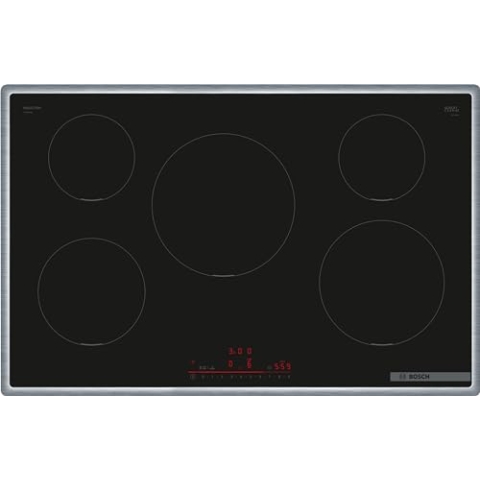 Bosch PVS845HB1E Serie 6 Smartes Induktionskochfeld (autark), 80 cm breit, Kombination zweier Kochzonen, 28 cm große Induktions-Kochzone, Umlaufender Rahmen, Kochfeldbasierte Haubensteuerung