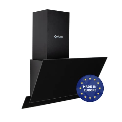 Wiggo Dunstabzugshaube 50cm kopffrei I Abluft Umluft Dunstabzug 300m³/h - LED Touch-Display 3 Stufen I Schräghaube inkl. Fettfilter & 2x Kohlefilter I Abzugshaube mit 2 teiliger Glasfront schwarz