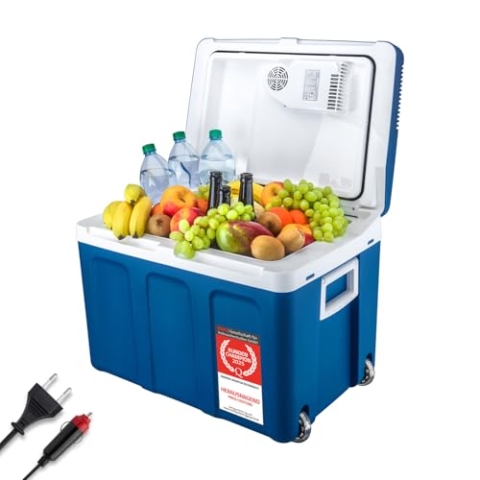 TZS First Austria elektrische Kühlbox 45 Liter | 12 Volt & 230 Volt Anschluss | mobiler Minikühlschrank mit Rollen | für Auto, Camping, Festivals & Reisen | mit Warmhaltefunktion | blau
