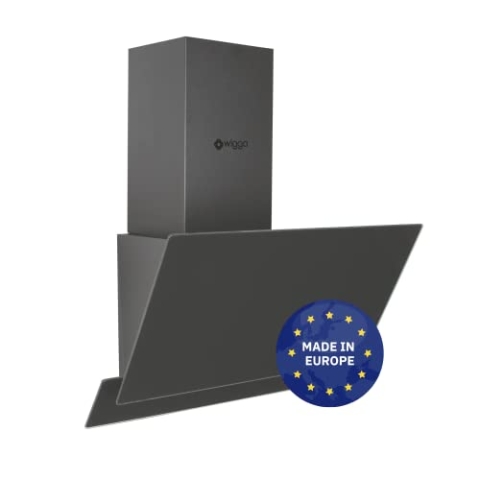 Wiggo Dunstabzugshaube 60cm kopffrei I Abluft Umluft Dunstabzug 300m³/h - LED Touch-Display 3 Stufen I Schräghaube inkl. Fettfilter & 2x Kohlefilter I Abzugshaube mit 2 teiliger Glasfront grau