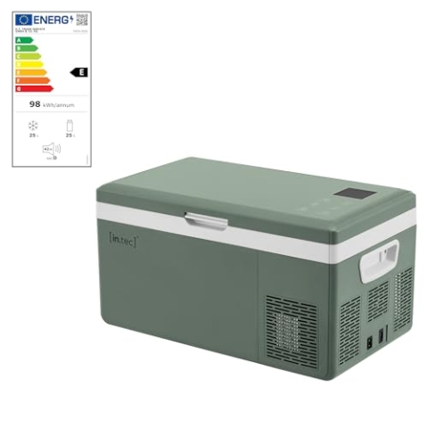 in.tec Auto Kühlbox Arnesano Kompressor Kühlschrank 25 L elektrisch Gefrierschrank für Autos und Steckdose 12/24 V Gefriertruhe tragbar Kunststoff Army-Grün