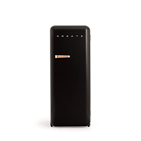 CREATE / RETRO FRIDGE 150 ROSE GOLD/Kühlschrank mit Gefrierfach 281L in Schwarz, Griff Rosa-Gold / 102W, niedriger Energieverbrauch, 150cm, 3 Ablagen, Temperaturregelung,60x60x150cm