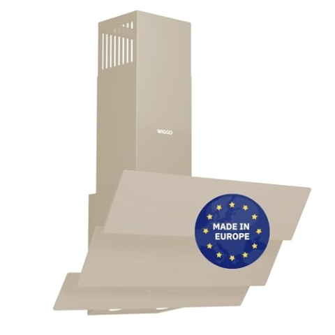 Wiggo B643 Dunstabzugshaube 60cm kopffrei I Abluft Umluft Dunstabzug 615m³/h - Touch-Display 4 Stufen I Energieeffizienzklasse B Schräghaube inkl. 2x Kohlefilter I Abzugshaube Glasfront creme