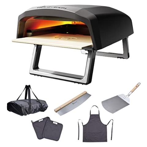 MasterPRO Pizza Oven | Pizzaofen | Tragbarer Gasofen mit Schnellbackfunktion bis zu 500ºC | Pizzen in 60 Sekunden Fertig | Inklusive Schürze, Greifer, Schneider und Pizzaschieber [Energy Class A]