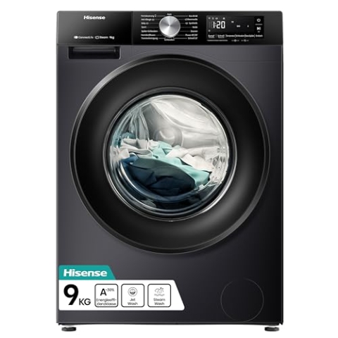 Hisense WF3S9043BB3 Waschmachine mit Dampffunkunktion, 9 kg, 1400 U,min, WiFi, ConnectLife, Power JetWash, Anti-Allergie Programm, Aqua Stop, Auto Wash, Quick Wash, EEK A-30 Prozent