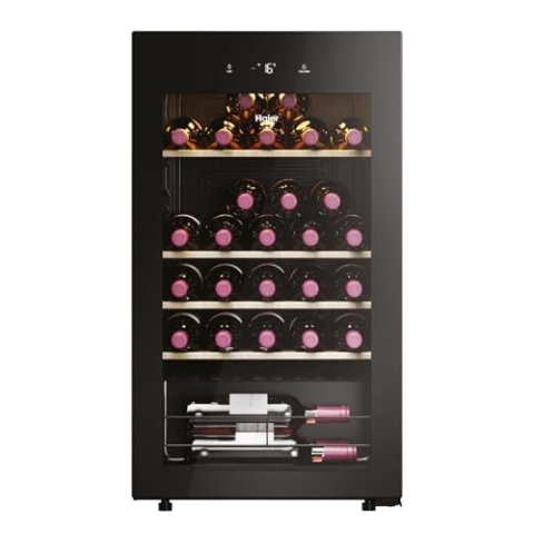 Haier Weinklimaschrank 50 SERIE 3 HWS34GGH1 I Weinkühlschrank für 34 Flaschen I Moderner Wine Fridge mit UV-Glastür & 5 Holzregalen I Wine Cooler mit Wi-Fi & Touch-Display I Vibrationsarme Lagerung