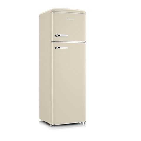 SEVERIN Retro Kühl- & Gefrierkombination, Kühlschrank im Retro-Design mit Chrom-Applikationen, Gefrierfach oben, LED-Beleuchtung, 1-7°C, 246 L Nettovolumen, nur 39 dB, creme, RKG 8985 [EEK D]