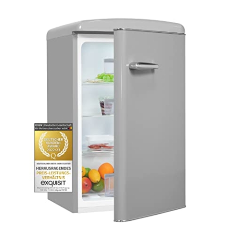 Exquisit Retrokühlschrank RKS120-V-H-160F grau, 122 L Volumen, Kühlschrank Retro freistehend, Türablagen & Glasablagen, LED-Licht