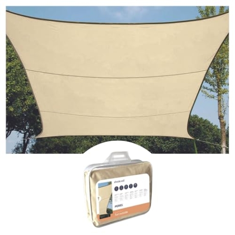 Perel Sonnensegel, Segel Sonnenschutz für Terrasse und Pool, winddurchlässig, wasserdurchlässig, UV-Schutz, 4 Edelstahl-O-Ringe, 3.6 x 3.6 m, 180 g/m², HDPE, Quadrat, Champagne