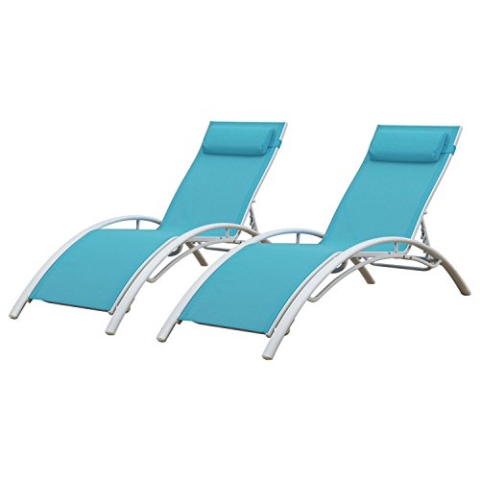2er-Set Liegestühle GALAPAGOS aus blauem Textilene - weißes Aluminium