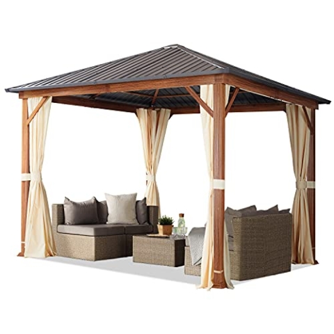 TOOLPORT Gartenpavillon 3x3 m Holzoptik, Stahldach Hardtop 4 Seitenteile in Champagner