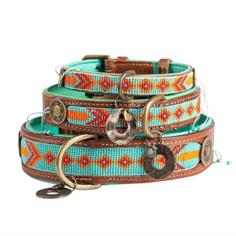 Dog with a Mission - Hundehalsband S | Farbenfroh Türkis, Orange mit Perlen | Boho, Ethno, Ibiza, Hippie | Mittelgroße Hunde | Handgemacht | Modisch und Bunt | Weichem Echtes Leder | 2,5 cm Breit