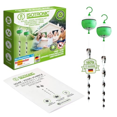 ISOTRONIC solarbetriebene Vogelabwehr gegen Tauben und Vögel | Vogelschreck mit 4-Fach Wirkung durch Bewegung, Ultraschall, blaues Licht & Silberreflektoren | für Gärten, Dächer, Äcker, 2 Stück