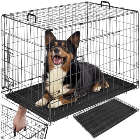 tectake® Hundekäfig, Hundegitter Box, Dog Kennel, Hundebox faltbar, Transportbox stabil, für Hunde und Welpen, für Kofferraum, Auto, Camping und Zuhause, Wohnung - 91,5 x 59,5 x 64 cm