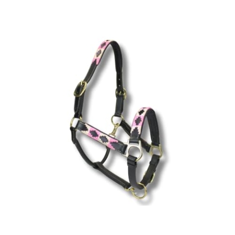 MTB Equestrian Exklusives Lederhalfter Mit Polo-Design – Beidseitig Verstellbar – Hochwertiges Leder – 10 Farbvarianten – Cob & Full (Rosa Weiß, Cob)