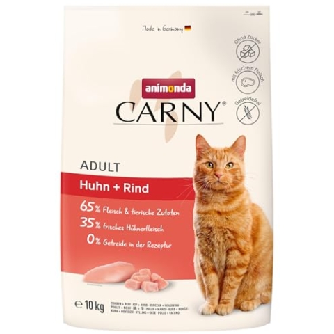 Carny Katzen Trockenfutter mit Huhn + Rind (1 x 10kg), Getreide und Zuckerfreies Trockenfutter von animonda für ausgewachsene Katzen