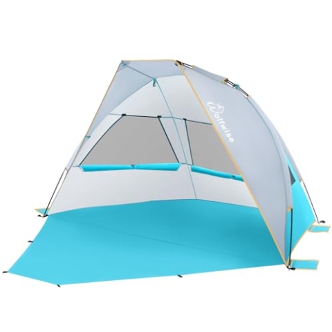 WolfWise Schnellaufbau 2-3 Personen Strandmuschel, UPF 50+ UV Schutz Baby Familien Koffer Strandzelt Sonnenschirm Kleines Packmaß Tragbar Blau