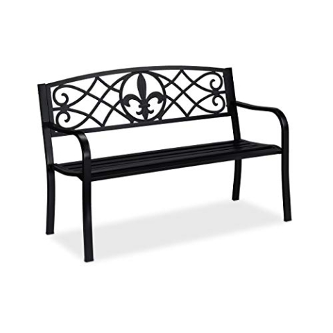Relaxdays Gartenbank, Fleur de Lis Motiv, 2-Sitzer, Stahl, Garten und Terrasse, HxBxT: 86 x 127 x 60 cm, schwarz