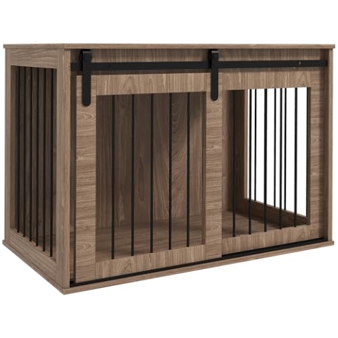 PawHut Hundekäfig Möbel mit Abschließbar Schiebetüren Moderne Metall Hundebox für Zuhause Indoor Hundehütte für große Hunde bis zu 30 kg Beistelltisch Hundehaus 98 x 58 x 61 cm Nussbaum