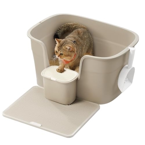 Feandrea Katzenklo, extragroße Katzentoilette, für Mehrkatzenhaushalte, mit hohen Seitenwänden, Katzenstreumatte, Aufbewahrungsbox, Schaufel, für große Katzen, cappuccinobeige PPT003K01