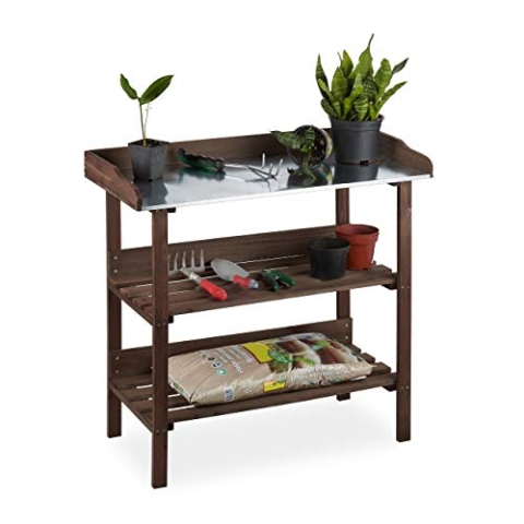 Relaxdays Pflanztisch, Gärtnertisch mit 3 Ebenen, Gewächshaus, Garten, Balkon & Terrasse, Holz, 86x92x42 cm, dunkelbraun