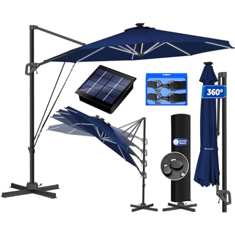 KESSER® Sonnenschirm Ampelschirm Sun Rund XL LED Solar Ø330 cm Inkl. Abdeckung + Windsicherung 7-Fach Verstellbar Neigbar Kippbar Groß 360° Drehbar Gartenschirm mit Kurbel Sonnenschutz UV50+ Navyblau