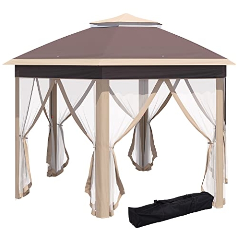 Outsunny Pavillon 4x4m Wasserdicht Pop-up sechseckiger Faltpavillon, Doppeldach, Gartenpavillon mit 6 Seitenteilen, Partyzelt inkl. Tragetasche, für Garten, Terrasse, Festival, Beige+Khaki