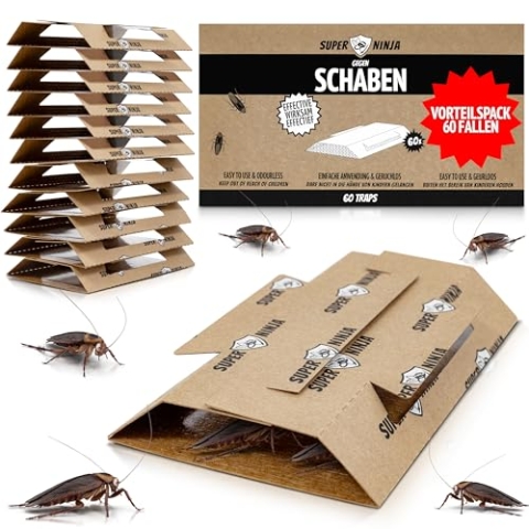 Super Ninja Schabenfalle – 60 Stück Kakerlakenfallen für Innenräume, Schaben Bekämpfung, Ungiftige Ungezieferfallen mit Lockstoff, Sicher für Zuhause, Garage & Keller, Aus Recyclingmaterial