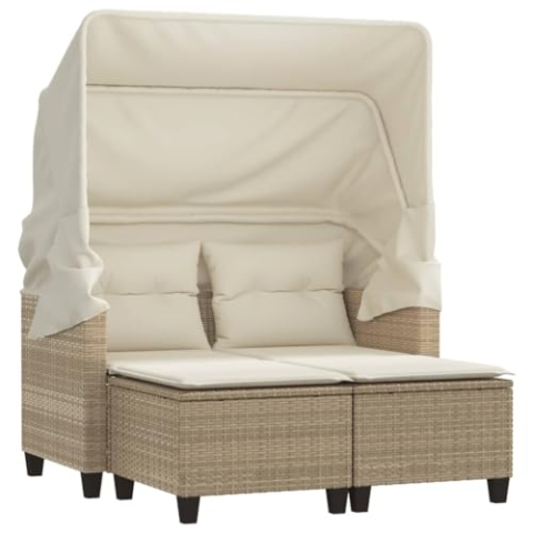 vidaXL Gartensofa 2-Sitzer mit Dach Hockern, Outdoor Sofa Gartenmöbel, Garten Lounge Set Terrasse, Terrassenmöbel Zweisitzer, Beige Poly Rattan