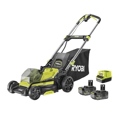 RYOBI 18 V ONE Brushless Akku-Rasenmäher RY18LMX40C-240, 40 cm Schnittbreite, 7-stufige Schnitthöhenverstellung, inkl. 2 x 18 V 4,0 Ah Akku und Ladegerät, Hyper Green