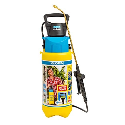 GLORIA Drucksprüher AutoPump Set | Gartenspritze | 5 L Füllinhalt | Sprühgerät mit Batterie-/Akku-Betrieb | Kein mühevolles Pumpen | Automatischer Druckaufbau | Konstantes Sprühbild