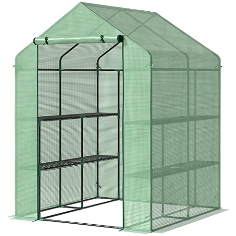 Outsunny Foliengewächshaus begehbares Gewächshaus mit 8 Regalebenen Tomatengewächshaus Treibhaus Frühbeet mit Tür Grün Stahl PE-Kunststoff 143 x 138 x 190 cm