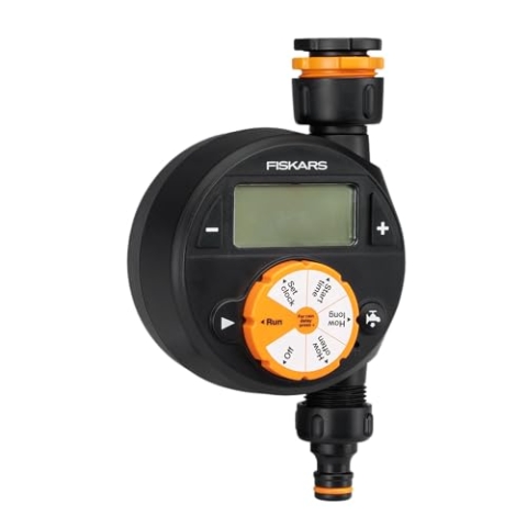 Fiskars Zeitschaltuhr/Timer mit 1 Ausgang, Für alle gängigen Wasserhahngrößen, Leicht ablesbares LCD-Display, Universalgröße, 380 g, Schwarz/Orange, 1054791