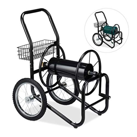 Relaxdays Schlauchwagen, bis 90 m, 2 Räder, Klickkupplung, Schlauchtrommel Metall, Schlauchabroller Garten, schwarz