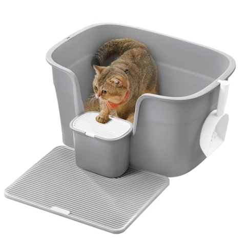 Feandrea Katzenklo, extragroße Katzentoilette, für Mehrkatzenhaushalte, mit hohen Seitenwänden, Katzenstreumatte, Aufbewahrungsbox, Schaufel, für große Katzen, taubengrau PPT003G01