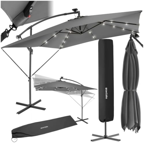 tectake® Sonnenschirm rechteckig, mit Solar LED Beleuchtung, wasserabweisend, inkl. Schutzhülle und Kurbel, Ampelschirm, Sonnenschutz Terrasse, Balkon Sonnenschirm groß, Marktschirm, Ø250cm - hellgrau