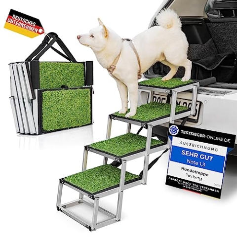 TIERBERG® Hundetreppe für Auto Klappbar [Kunstrasen-Oberfläche] 70kg Traglast - Stabile Hunderampe für Kleine u Große Hunde - 67cm Faltbare Tiertreppe Einstiegshilfe |Jetzt Treppe Rampe aussuchen