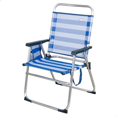 Klappbarer fester Strandstuhl, Stuhl mit fester Rückenlehne, Strandstuhl, Maße 48x50x88 cm, mit Tragegriff, Aluminium und fester Stuhl, blau und weiß, 100 kg, Aktive Beach