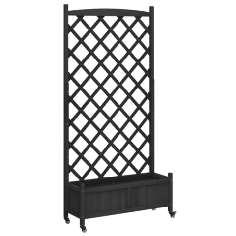 vidaXL Pflanzkübel mit Rankgitter Rollen, Blumenkasten mit Spalier, Pflanzgefäß für Terrasse Garten, Pflanzkasten, Schwarz Massivholz Tanne