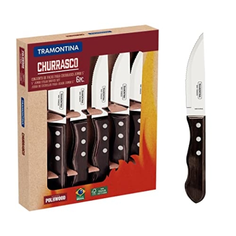 Tramontina Jumbo Steakmesser Set 6-teilig, Edelstahl, Holzgriff braun, FSC