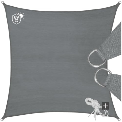 tectake® Sonnensegel mit UV Schutz, Sonnenschutz und Sichtschutz Balkon, Sichtschutz Garten, für Pergola, Windschutz Terrasse, mit Ösen und Spannseile - quadratisch grau - 5 x 5 m