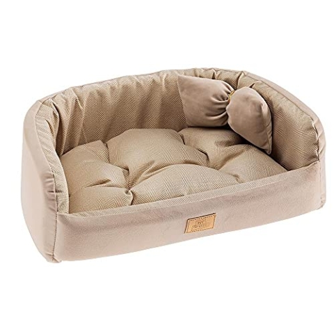 Ferplast Gepolstertes Hundebett Katzenbett HARRIS 50 Waschbar, mit Kissen, Tweed und Samt, Beige