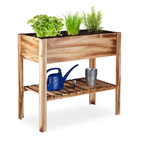 Relaxdays Hochbeet Holz, Ablagefach, Pflanzkasten Balkon, Terrasse, Garten, Kräuterbeet, HBT 80 x 88 x 43,5 cm, geflammt, Beige
