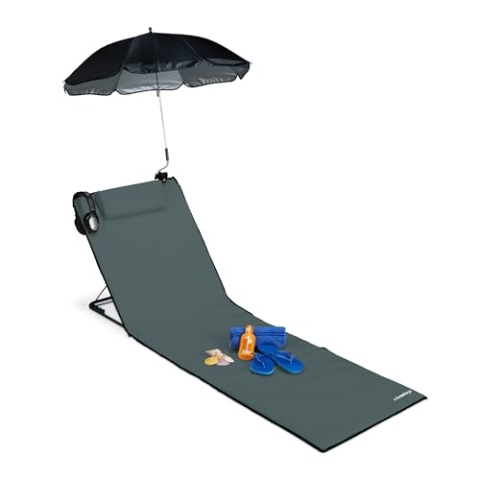 Relaxdays Strandmatte, gepolsterte Strandliege XXL m. Sonnenschirm, 3-stufig verstellbar, Kopfkissen, tragbar, anthrazit