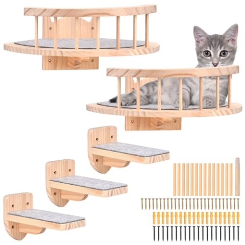 Wand montierte Katze-Hängematte, 2PCS Katze-Regale und Katze-Barsche für Wand, Katze-Wand-Möbel mit 3 Katze-Wand-Stufen, Massivholz-Katze-Hängematte mit Plüsch bedeckt für Klettern Schlafen Spielen