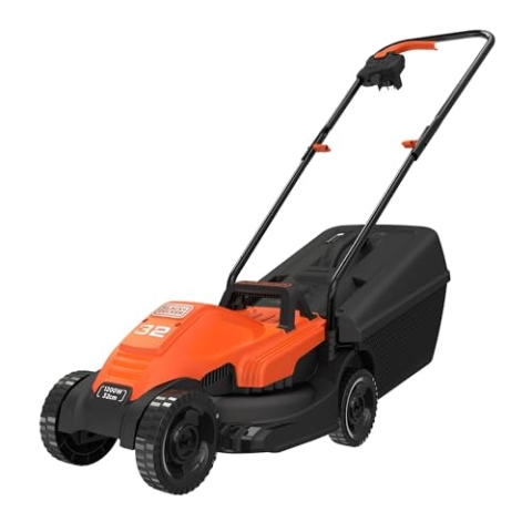 Black+Decker Elektro-Rasenmäher (1.200 W, 32cm Schnittbreite, 3-Fach axial Schnitthöhenverstellung, 30l Grasfangbehälter, ideal für kleine Gärten) BEMW451