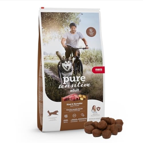 MERA pure sensitive Fresh Meat Rind & Kartoffeln, Hundefutter trocken mit viel frischem Fleisch, gesundes Trockenfutter getreidefrei für ausgewachsene Hunde (12,5 kg)