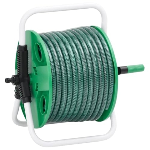 vidaXL Schlauchtrommel, Schlauchaufroller Freistehend mit 50m Schlauch, Gartenschlauch mit Anschluss-Set, Wasserschlauchtrommel, Grün PVC